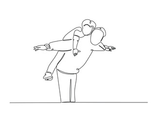 Happy father and son in single outline illustration. Continuous line art drawing of happy father having fun with son. Editable stroke.