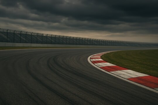 Curving motorsport track chicane under dramatic sky empty grandstands crisp racing texture