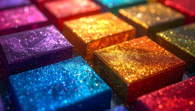 A macro, abstract background featuring an array of tightly packed square/rectangular blocks covered in colorful, vibrant glitter, creating a sparkling, luxury texture.