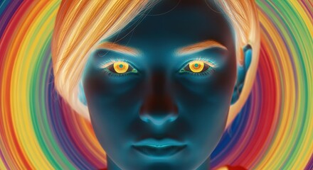 Striking portrait of a woman with glowing eyes and rainbow aura, perfect for fantasy, sci-fi, or abstract concepts that need a bold, eye-catching element