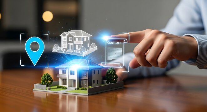Future of Real Estate Hand Interacting with Virtual Property Models and Digital Contracts