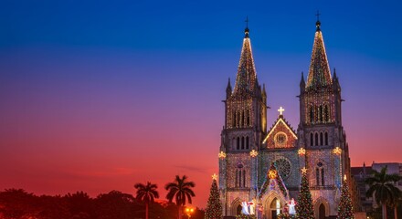 Fototapeta premium Christmas in Jakarta banner background, cathedral with lights on glowing gradient