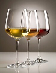 Three wine glasses with different colored wines sit on a table against a neutral background