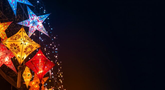 Christmas parol lanterns Philippines banner background, colorful stars glowing gradient 