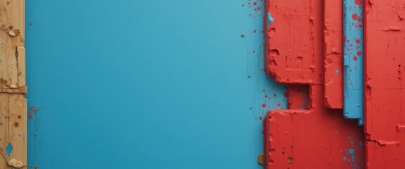 Textured red painted abstract blocks with blue splatters contrasting a smooth cyan wall and a rustic wooden border