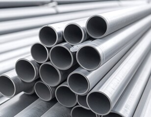 Close-up of a neatly stacked pile of cylindrical metal pipes