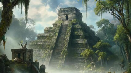 Ancient Mayan Temple Ruins in a Dense Jungle