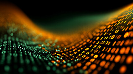 Abstract waves of binary code forming a futuristic digital background. Flowing streams of data represent information technology, coding, and the virtual world. Ideal for tech and innovation themes.