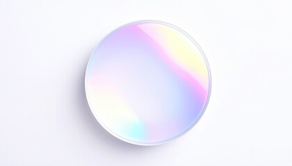 A colorful, circular disc with iridescent reflections on a white background