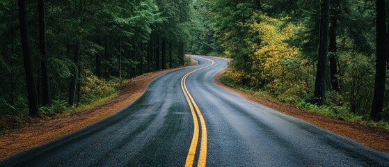 Winding road through a lush forest on a rainy day