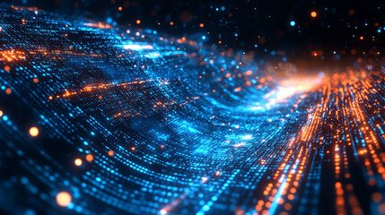 Abstract waves of binary code forming a futuristic digital background. Flowing streams of data represent information technology, coding, and the virtual world. Ideal for tech and innovation themes.