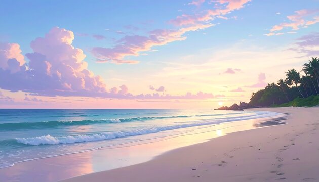 Tranquil sunset over a pristine beach, soft pastel colors, gentle waves