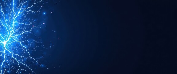 Intense blue lightning bolt branches across a dark gradient background with many glowing energy particles