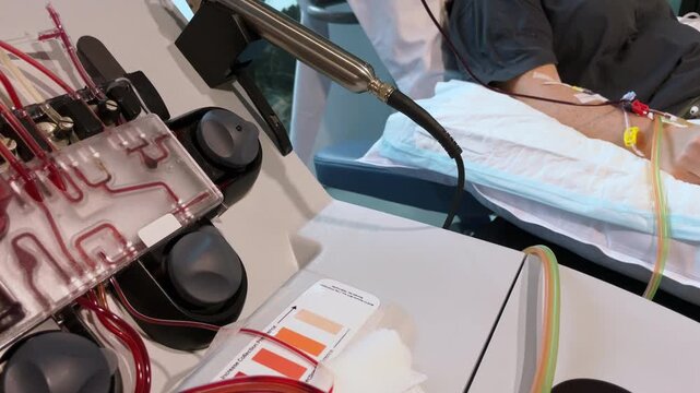 Close-up showing an apheresis machine in operation, returning filtered blood components to a patient during a medical procedure. The patient's arm is visible in the frame, with tubing and needles.