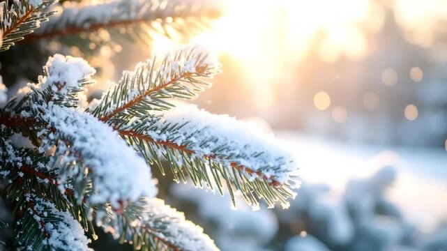Snow covered pine branches sunlight