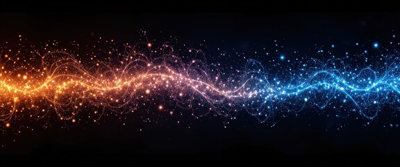 Abstract glowing particles forming wavy lines transitioning from vibrant orange to bright blue on a dark background