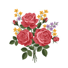 Elegant Red Rose Bouquet Illustration with Mixed Flowers for Decorative Design