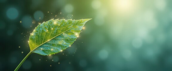 A single bright green leaf illuminated by magical golden sparks against a soft teal bokeh backdrop