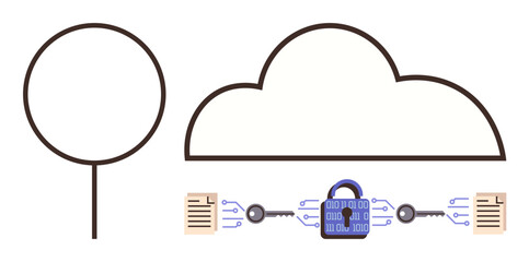 Cloud connected to locked files via encryption keys and a central padlock, signifying data protection and secure transfer. Ideal for cybersecurity, cloud storage, privacy, technology, safe