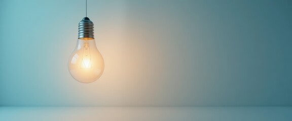 A single bright incandescent light bulb glows hanging by a wire against a teal and warm gradient background