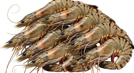 Neat Overlapping Cluster of Eight Large Uncooked Tiger Prawns, Striped Shells Glistening, Studio Photography Isolated on Pure White Background