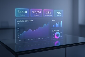 Futuristic analytics dashboard with holographic charts and KPI tiles on glass workspace