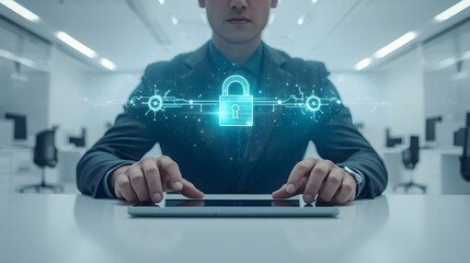 Executive safeguards sensitive digital data, featuring a glowing padlock icon representing advanced cybersecurity and secure information management in a professional office setting
