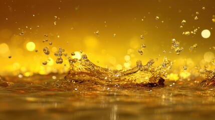 Golden Water Splash With Glimmering Light Reflection in Background
