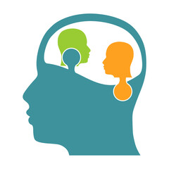 Human head silhouettes inside brain. Schizophrenia and split personality disorder and mental health psychiatric disease concept. Mental health. Multi personality concept.