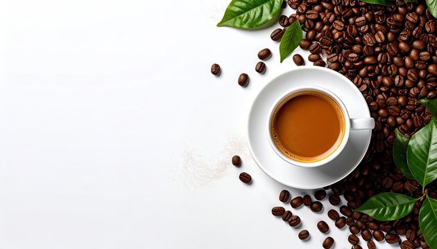 Overhead shot coffee cup on saucer, beans, leaves on white background, copy space