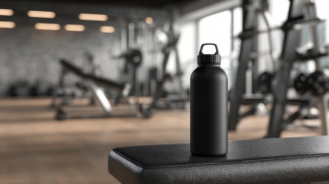 Black Water Bottle on Bench in Modern Gym Environment