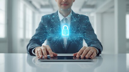 Protecting Digital Information A Professional's Hands Safeguarding Data with Advanced Security Measures on a Tablet