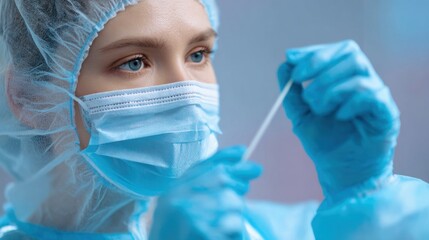 Healthcare Worker Preparing for COVID-19 Test with Swab Device