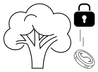 Tree representing nature, padlock for protection, coin for investment. Ideal for sustainability, ecology, environmental conservation, security, finance responsible growth green economy. Simple flat