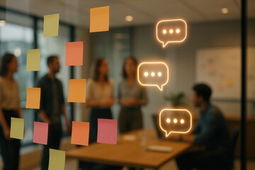 Customer feedback workshop with warm sticky notes and glowing UI comments on glass wall
