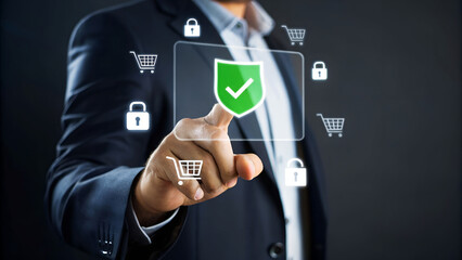 Get secure online shopping with confidence as a businessman activates shield protection on a virtual interface, ensuring safe transactions today
