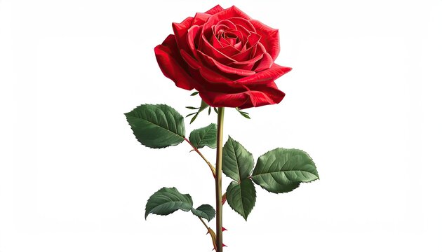 Vivid red rose in full bloom with green leaves and thorns, on a white background