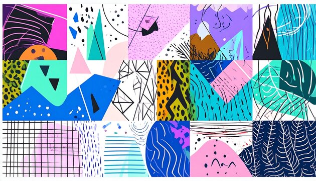 Abstract collage of geometric shapes and textures in vibrant colors