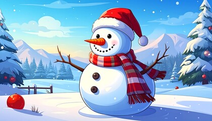 Obraz premium Whimsical cartoon snowman with a carrot nose, red scarf, and hat in a snowy winter scene