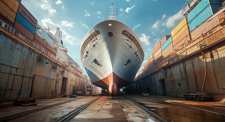 Large ship in dry dock, surrounded by containers