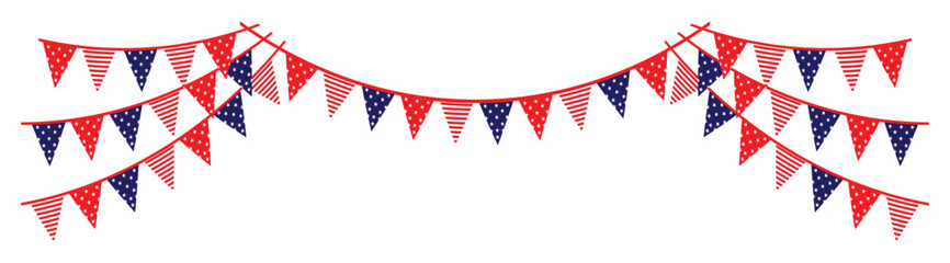 bunting garland decoration. American triangular flag bunting garlands for independence day celebration. USA flag ornament. hanging triangular flags for 4 july. 4th of July festivity concept. © Solayman