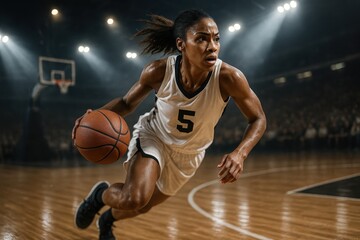 Focused female basketball guard driving to the hoop on an indoor court under arena lights