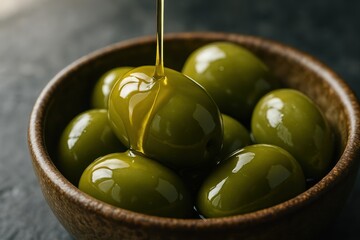 Fresh green olives with golden extra virgin oil in rustic bowl on dark stone surface