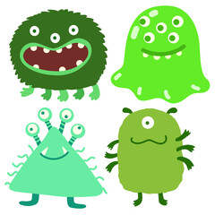 Cute Cartoon Green Monsters Set – Funny Creatures Vector Illustration