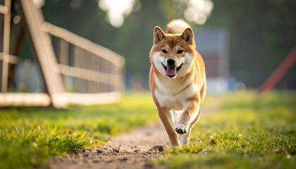 Happy Shiba Inu running in a park