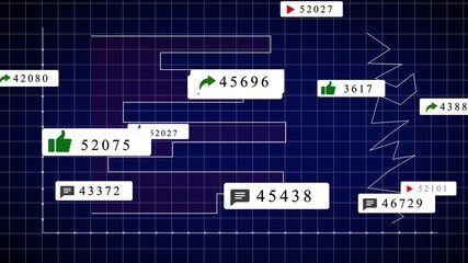 Social media engagement analytics graph showing likes shares comments and views with data points and trending lines on a dark blue grid background for digital marketing and online success concepts - Powered by Adobe