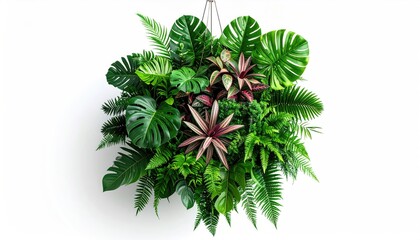 A hanging arrangement of diverse green foliage, tropical aesthetic, white backdrop