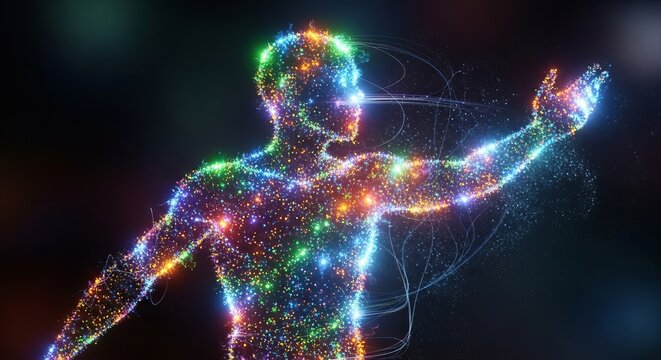 Illuminated human figure composed of colorful glowing particles against a dark background art design