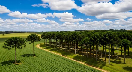 Fototapeta premium Scenic Landscape featuring Araucaria Trees with Green Fields and Sky