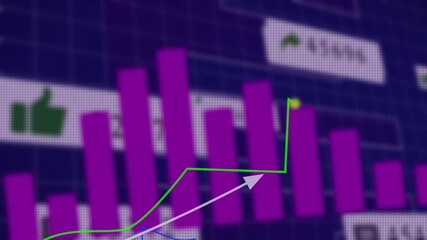 Abstract financial graph rising green line arrow pointing up purple bar chart dark blue grid background digital data analysis concept - Powered by Adobe